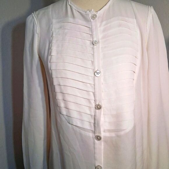 Tory Burch Cream Button Down Mandarin Collar Top Size 6 - Picture 5 of 11